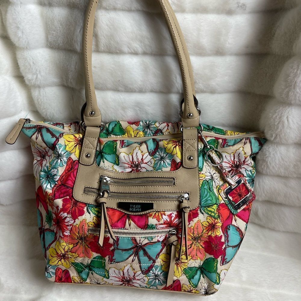 Tyler Rodman multi color Nylon butterflies and flowers faux leather beige trim